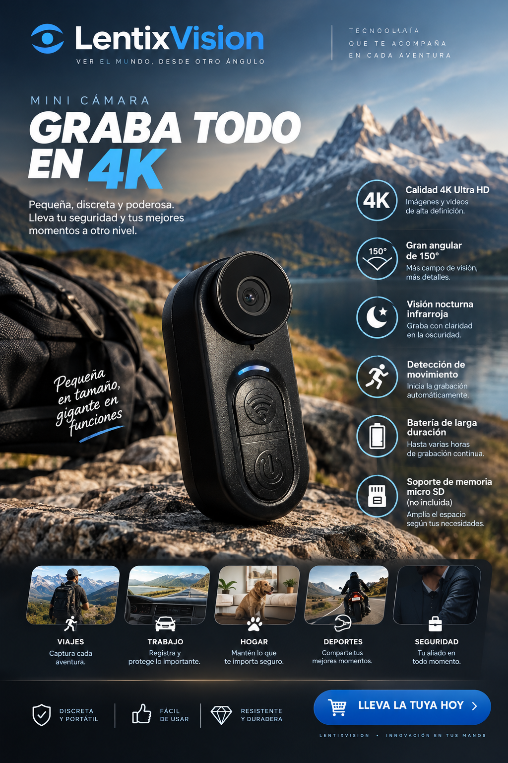 Cámara Mini 4K con Estabilizador EIS, WiFi | IPX6 Impermeable y 5,5 hrs de autonomía.