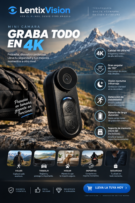 Cámara Mini 4K con Estabilizador EIS, WiFi | IPX6 Impermeable y 5,5 hrs de autonomía.